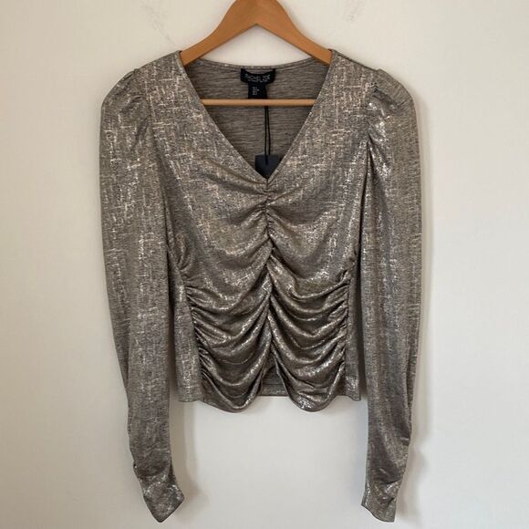 NWT RACHEL ZOE V-Neck Ruche Puff Sleeve Top - Picture 2 of 12